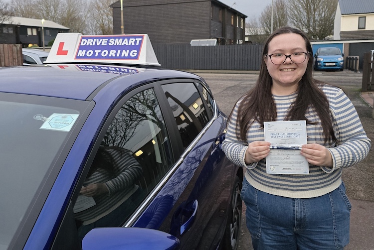 Mollie Noble of Aberdeen passed her practical driving test with Drive Smart School of Motoring.